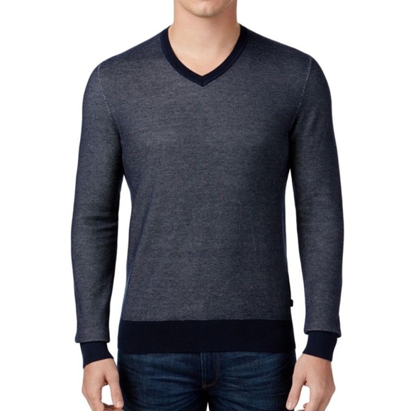 Michael Kors Men's Tuck Stitch V-Neck Navy Sweater - Picture 2 of 8
